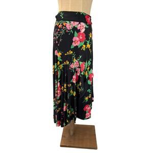 "CABI" Floral Wrap Skirt SZ S Long Flowing Ruffle‎ Black w Floral Beach Tropical